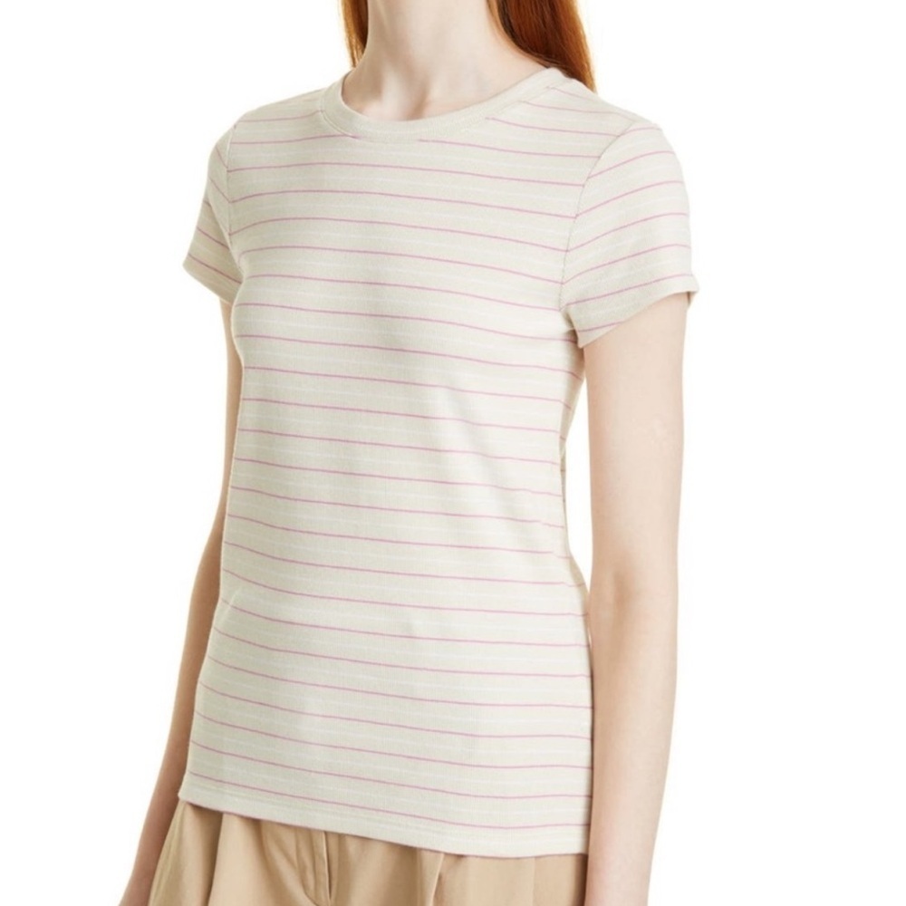 Club Monaco Striped Tee, Tan/White/Pink, Ribbed, Cap Sleeve, Crew Neck, M - Picture 4 of 12